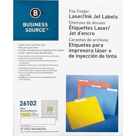 BUSINESS SOURCE File Folder Labels, Laser/Inkjet, 2/3"x3-7/16", 1500/PK, White PK BSN26102